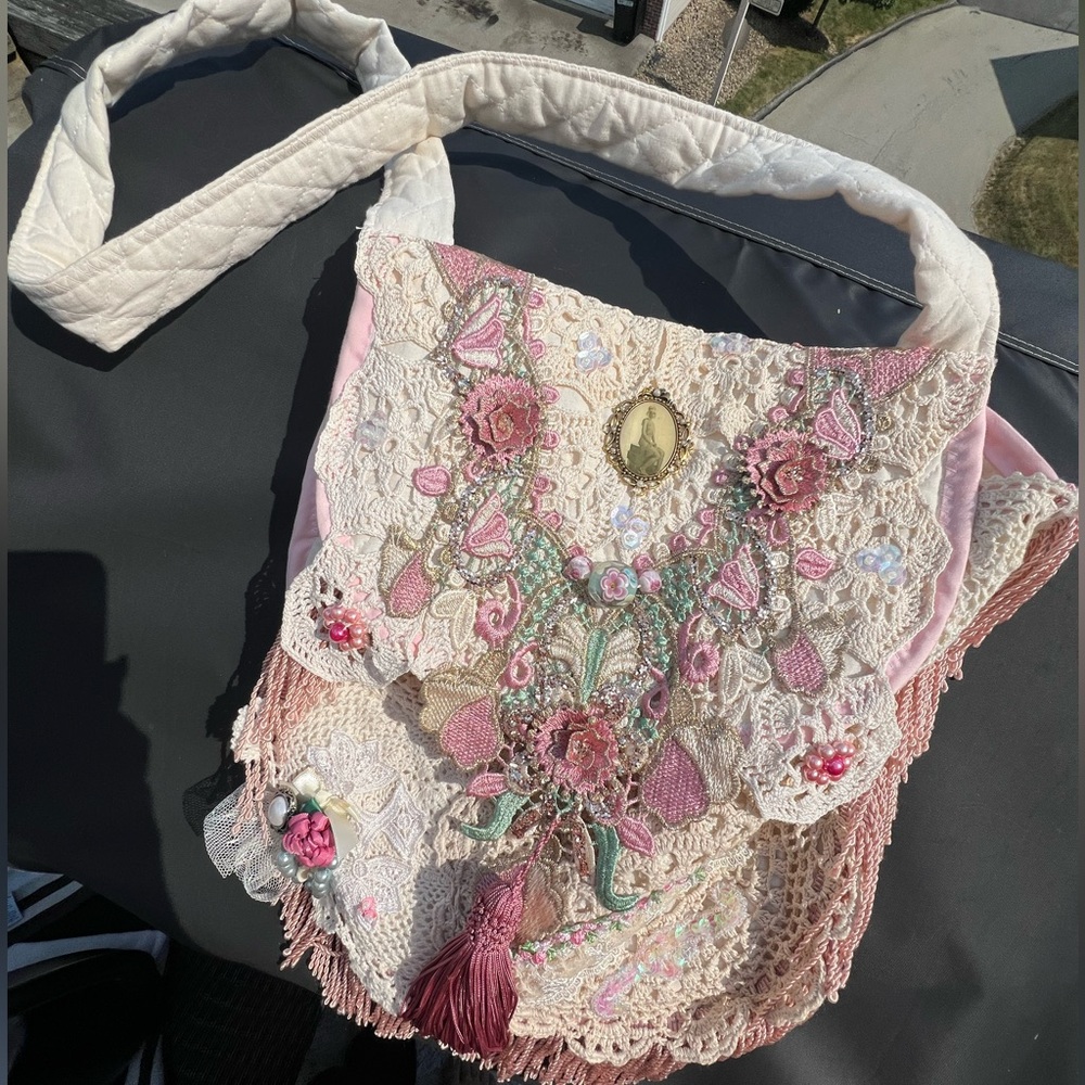 Hand Sewn Quilted Shoulder Bag with lace and beads